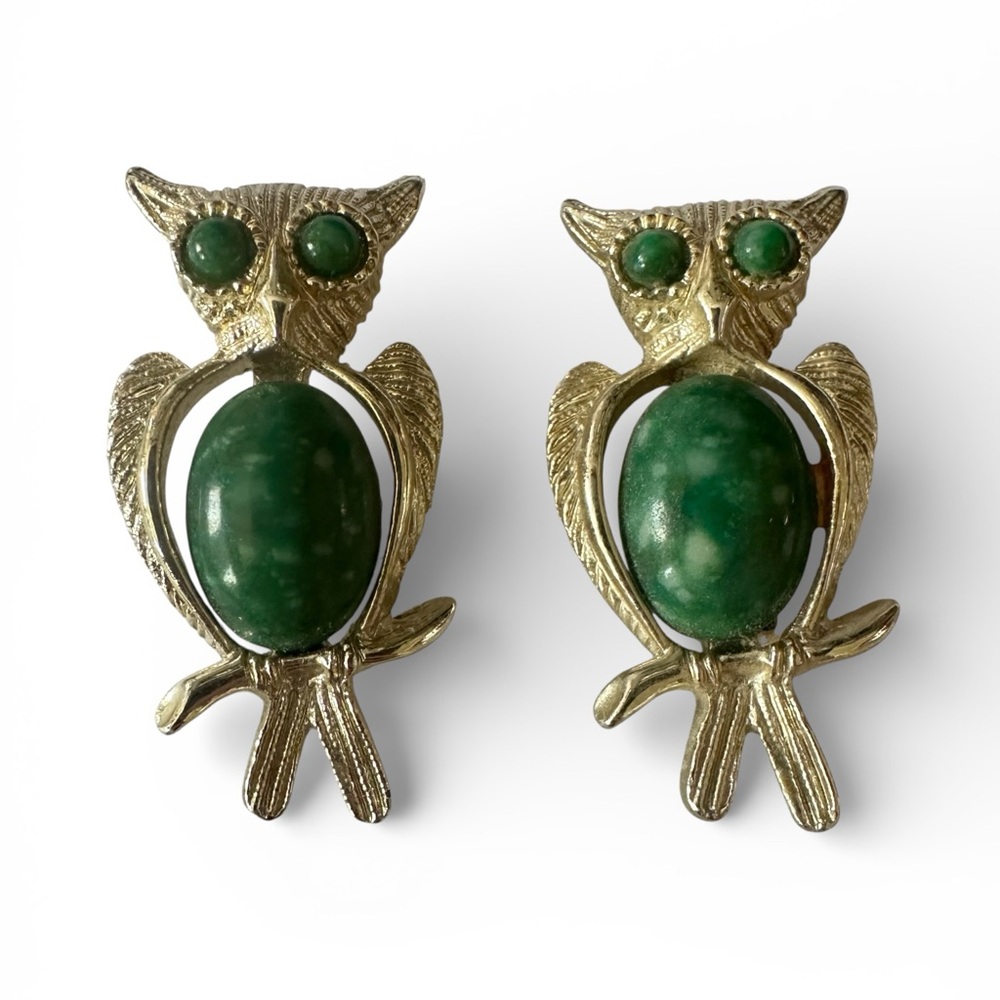 Gold-Tone Owl Pair of Brooches with Green Gem Accents